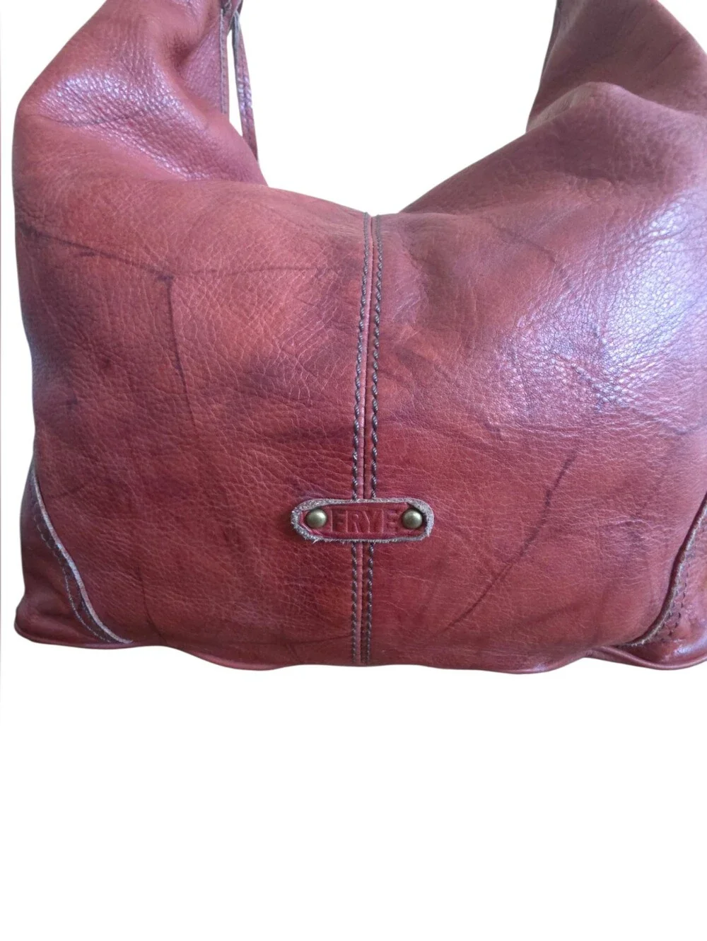 Frye Campus Leather Hobo Bag 34DB877 Vintage Brass Distressed Burnt Red